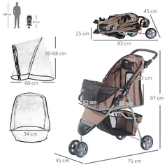 PawHut Dog Stroller with Cover for Small Miniature Dogs, Folding Cat Pram Dog Pushchair with Cup Holder, Storage Basket, Reflective Strips, Brown - 3