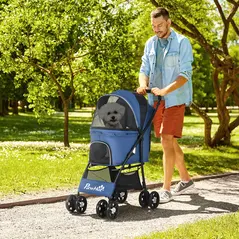PawHut Foldable Pet Stroller for Dogs, Puppy Stroller, with Large Carriage, Brakes, Canopy - Blue - 2