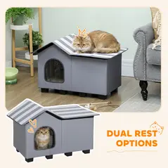 PawHut Outdoor Cat House, Weather Resistant Feral Cat Cave with Elevated Base and Cushion for Winter, Grey - 6