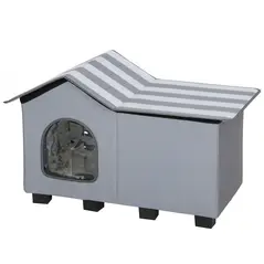PawHut Outdoor Cat House, Weather Resistant Feral Cat Cave with Elevated Base and Cushion for Winter, Grey - 1