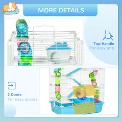 PawHut Hamster Cage w/ Water Bottle, Exercise Wheel, Tubes, Ramps - Light Blue - 7