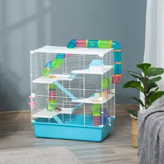 PawHut Hamster Cage w/ Water Bottle, Exercise Wheel, Tubes, Ramps - Light Blue - 2
