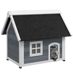 PawHut Outdoor Cat House, Wooden Feral Cat Shelter, with Openable Asphalt Roof, Three Doors - Grey - 1