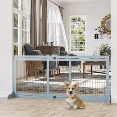 PawHut Freestanding Dog Gate, Foldable Pet Fence, Indoor Wood Barrier, Stair Gate with Support Feet, for Doorway, Hallway, Small and Medium Dogs, 69H x 104-180 cm, Blue-grey - 2