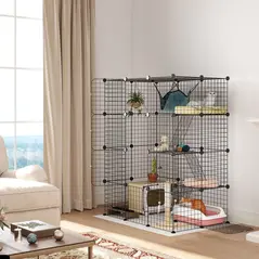 PawHut Four-Tier DIY Large Cat Cage with Hammock, Ramps, Five Doors, Indoor Use for 1-3 Cats, Black - 1