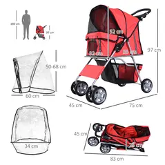PawHut Dog Stroller with Rain Cover for Small Miniature Dogs, Folding Pet Pram with Cup Holder, Storage Basket, Reflective Strips, Red - 3