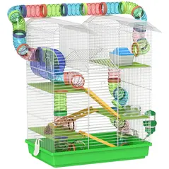 PawHut Hamster Cage, 5 Tier Carrier Habitat with Exercise Wheels Tunnel Tube Water Bottle Dishes House Ladder, Gerbil Cage for Dwarf Mice, Green - 1