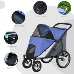 PawHut Foldable Pet Stroller, with Washable Cushion, Storage Bags, Safety Leash, for Medium, Large Dogs, Cats - Blue - 6