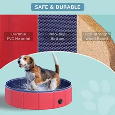PawHut Foldable Dog Pool, 80 x 20 cm Pet Paddling Pool with Wood Board Support and Anti-Slip Bottom, Portable Doggy Paddling Pool for Garden and Outdoor Use, Red - 6