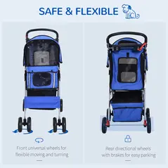PawHut Dog Stroller with Rain Cover for Small Miniature Dogs, Folding Pet Pram with Cup Holder, Storage Basket, Reflective Strips, Blue - 5