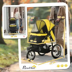 PawHut Foldable Pet Stroller Jogger, with Three Wheels, Canopy, for Medium and Small Dogs, Yellow - 3