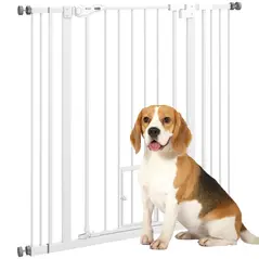 PawHut Extra Tall Pet Gate, Indoor Dog Safety Gate, with Cat Flap, Auto Close, 74-101cm Wide - White - 1