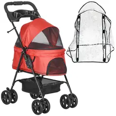 PawHut Dog Stroller with Rain Cover, Dog Pushchair One-Click Fold Trolley Jogger with EVA Wheels Brake Basket Adjustable Canopy Safety Leash for Small Dogs, Red - 1