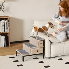 PawHut Dog Stairs with Storage, Non-Slip Cover, Pet Steps for Small Dogs & Older Cats, for Sofa, High Bed, Oak Tone - 2