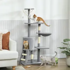 PawHut Multi-Level Cat Tower, 134cm Cat Tree with Condo and Sisal Scratching Posts for Indoor Kittens, Grey - 2