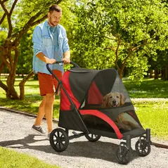 PawHut Foldable Pet Stroller for Large Dogs with Four Big Wheels, Shock-Absorbing Frame, Safety Leashes, Brakes, Red/Black - 2