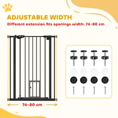 PawHut Extra Tall Pet Gate, Indoor Dog Safety Gate, with Cat Flap, Auto Close, 74-80cm Wide - Black - 4