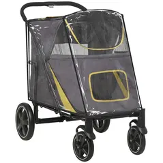 PawHut One-Click Foldable Pet Travel Stroller with Rain Cover, Cat Dog Pushchair with Universal Front Wheels, Shock Absorber, Storage Bags, Mesh Window, Safety Leash for Large and Medium Dogs (Grey) - 1