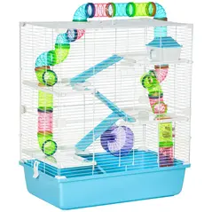 PawHut Hamster Cage w/ Water Bottle, Exercise Wheel, Tubes, Ramps - Light Blue - 1