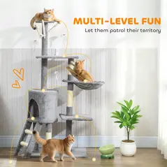 PawHut Multi-Level Cat Tower, 134cm Cat Tree with Condo and Sisal Scratching Posts for Indoor Kittens, Grey - 4