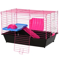 PawHut Dwarf Hamster Metal Cage Guinea Pigs Hutches w/ Tunnels Pink - 1