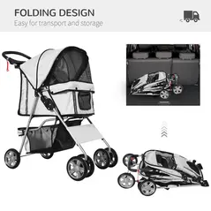 PawHut Dog Stroller with Rain Cover for Small Miniature Dogs, Folding Pet Pram with Cup Holder, Storage Basket, Reflective Strips, Grey - 6