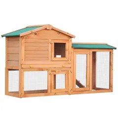PawHut Rabbit 2 Tier Fir Wood Small Animal Hutch Guinea Pigs Hutches w/ Ramp Brown - 1