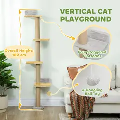 PawHut Wall Mounted Cat Shelves, Cat Climbing Wall with 4 Climbing Platforms, Jute Scratching Post and Toy Ball,180cm Tall, Light Grey - 4