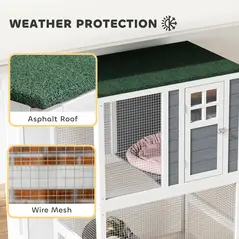 PawHut Wooden Catio Cat Outdoor Enclosure, Cat Cage with Waterproof Roof, Platforms, for Multiple Cats, White - 5