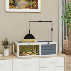 PawHut Tortoise Table with Adjustable Lamp Holder, Wooden Tortoise House w/ Openable Lids, Pull-Out Trays - Grey - 2
