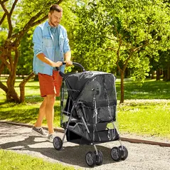 PawHut Pet Travel Stroller with Rain Cover, 4 Wheels Foldable Travel Carriage with Wheels Zipper Entry Cup Holder Storage Basket Black - 2