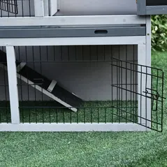 PawHut Small Animal Two-Level Fir Wood Guinea Pigs Hutches Bunny Cage w/ Slide Out Tray Grey - 7