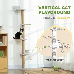 PawHut Wall Mounted Cat Shelves, Cat Climbing Wall with 4 Climbing Platforms, Jute Scratching Post and Toy Ball,180cm Tall, Light Grey - 5