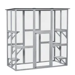PawHut Wooden Catio Cat Outdoor Enclosure, Cat Cage with Waterproof Roof, Platforms, for Multiple Kittens, 180 x 98 x 180 cm - 1