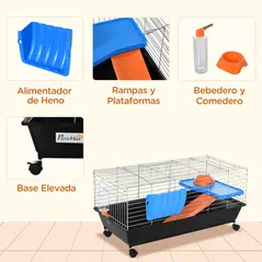 PawHut Small Animal Cage Rabbit Guinea Pigs Chinchillas Cage w/ Wheels Water Bottle Food Dish Platform Ramp 89 x 44 x 43 cm Black - 6