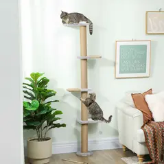 PawHut Wall Mounted Cat Shelves, Cat Climbing Wall with 4 Climbing Platforms, Jute Scratching Post and Toy Ball,180cm Tall, Light Grey - 2