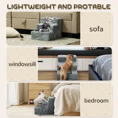 PawHut Three-Step Dog Stairs, with Washable Plush Cover, for High Bed Sofa, Dog Stairs for Small Dog and Cat - Light Grey - 7