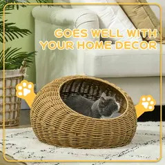 PawHut Wicker Cat House with Washable Cushion for Indoor Cats, Light Brown - 6