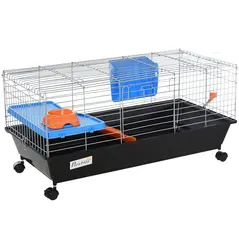 PawHut Small Animal Cage Rabbit Guinea Pigs Chinchillas Cage w/ Wheels Water Bottle Food Dish Platform Ramp 89 x 44 x 43 cm Black - 1