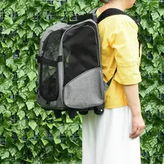 PawHut Pet Travel Backpack Bag Cat Puppy Dog Carrier w/ Trolley and Telescopic Handle Portable Stroller Wheel Luggage Bag (Grey) - 2