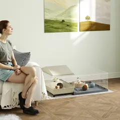 PawHut Small Animal Cage with Removable Pet Playpen, Guinea Pig Cage with Waterproof Pad, Hay Feeder, 108 x 71 x 57cm, Beige - 2