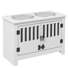 PawHut Raised Dog Bowls, Pet Feeding Station, with Storage, Food and Water Bowls, for Large Dogs - White - 1