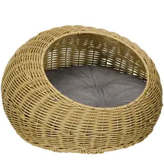 PawHut Wicker Cat House with Washable Cushion for Indoor Cats, Light Brown - 1