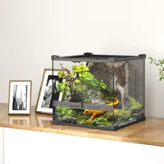 PawHut Reptile Glass Terrarium with Stone Background, Front Ventilation, Escape-Proof Knob Lock, 30 x 30 x 30 cm, Black - 2