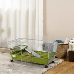 PawHut Small Animal Cage Rabbit Guinea Pigs Chinchillas Cage w/ Wheels Water Bottle Food Dish Platform Ramp 89 x 44 x 43 cm Green - 2