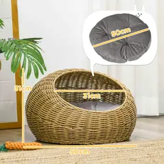 PawHut Wicker Cat House with Washable Cushion for Indoor Cats, Light Brown - 3