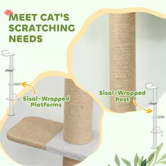 PawHut Wall Mounted Cat Shelves, Cat Climbing Wall with 4 Climbing Platforms, Jute Scratching Post and Toy Ball,180cm Tall, Light Grey - 6