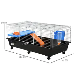PawHut Steel Medium 2-Tier Small Guinea Pigs Hutches w/ Accessories Blue/Orange - 3