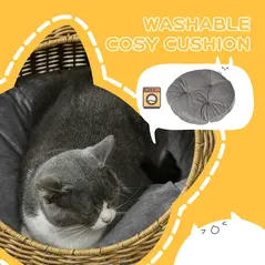 PawHut Wicker Cat House with Washable Cushion for Indoor Cats, Light Brown - 4