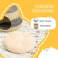 PawHut Wicker Cat House, Rattan Raised Cat Bed, Cosy Kitten Cave with Soft Washable Cushion, Φ40 x 30cm - 6